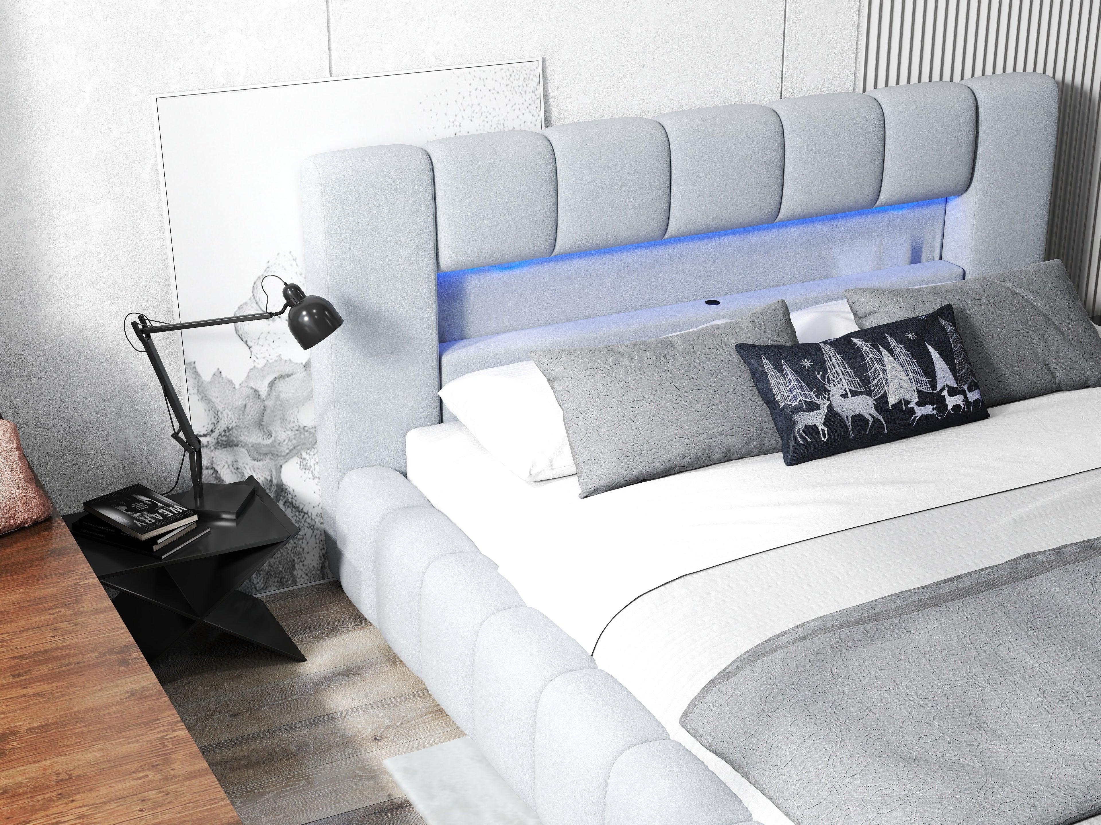 Pat dormitor dumonde, tapitat gri cu LED si USB, Palermo 160x200 cm, somiera rabatabila inclusa, spatiu depozitare