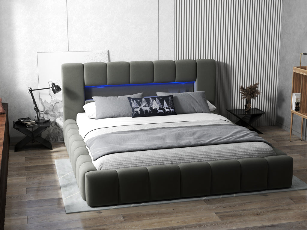 Pat dormitor dumonde, tapitat gri cu LED si USB, Palermo 160x200 cm, somiera rabatabila inclusa, spatiu depozitare