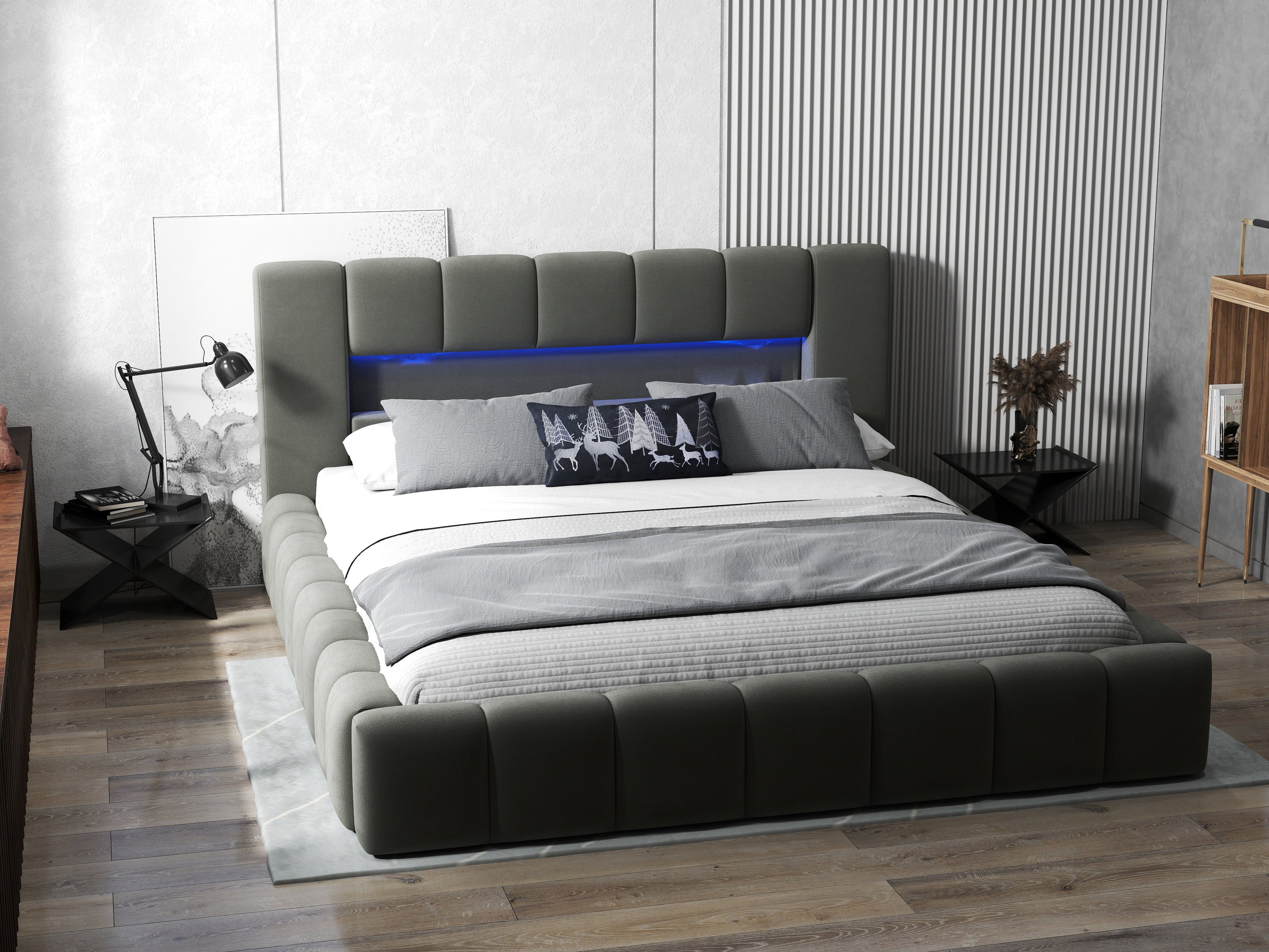 Pat dormitor dumonde, tapitat gri cu LED si USB, Palermo 160x200 cm, somiera rabatabila inclusa, spatiu depozitare