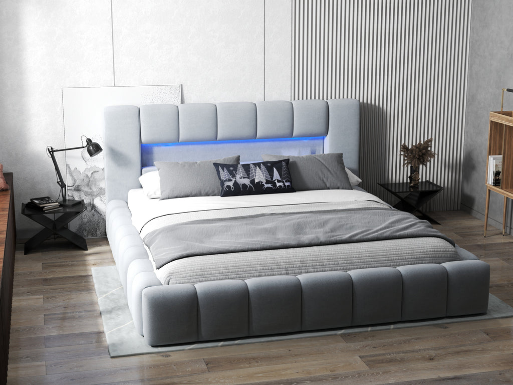 Pat dormitor dumonde, tapitat gri cu LED si USB, Palermo 180x200 cm, somiera rabatabila inclusa, spatiu depozitare