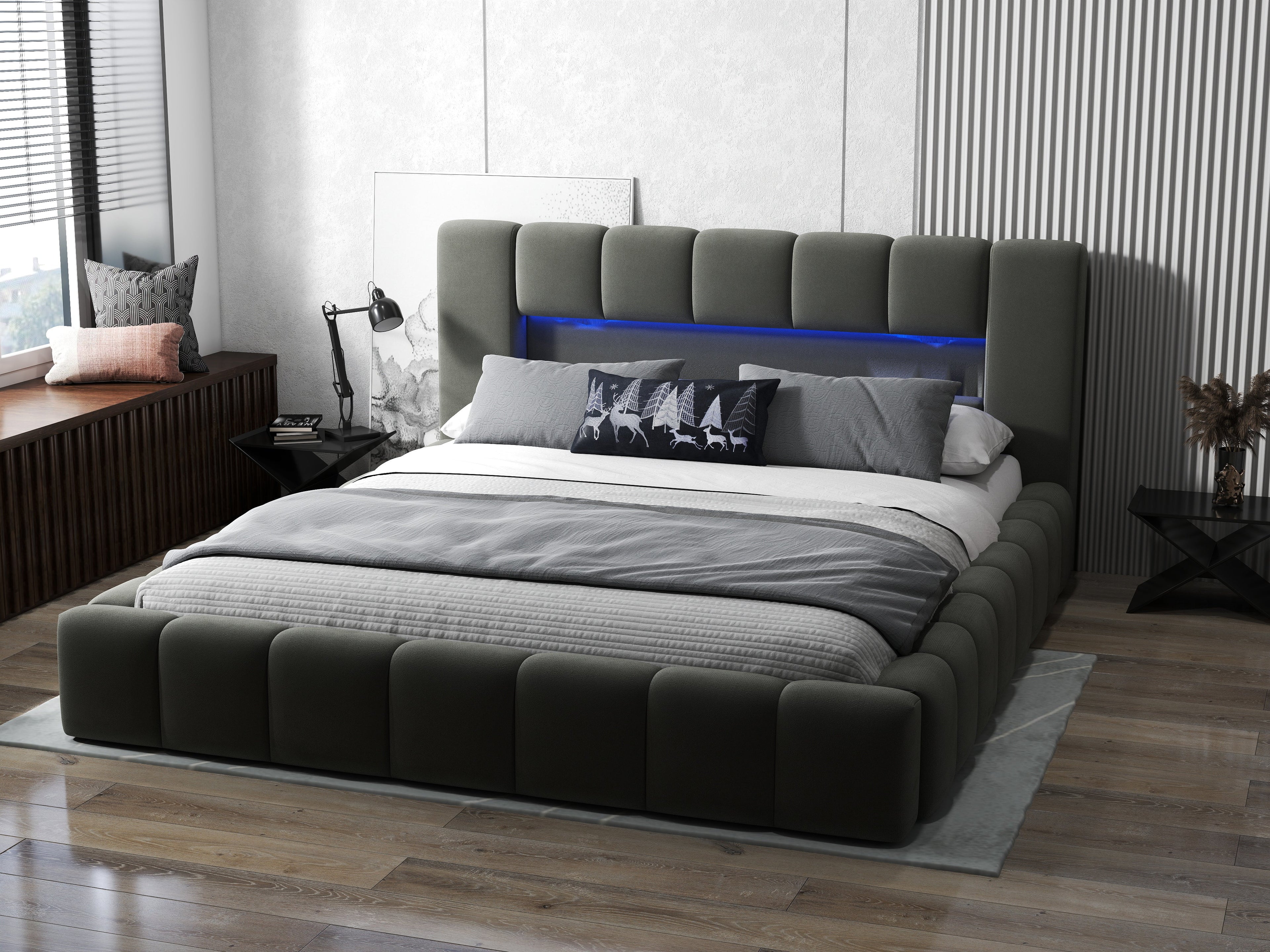 Pat dormitor dumonde, tapitat gri cu LED si USB, Palermo 160x200 cm, somiera rabatabila inclusa, spatiu depozitare