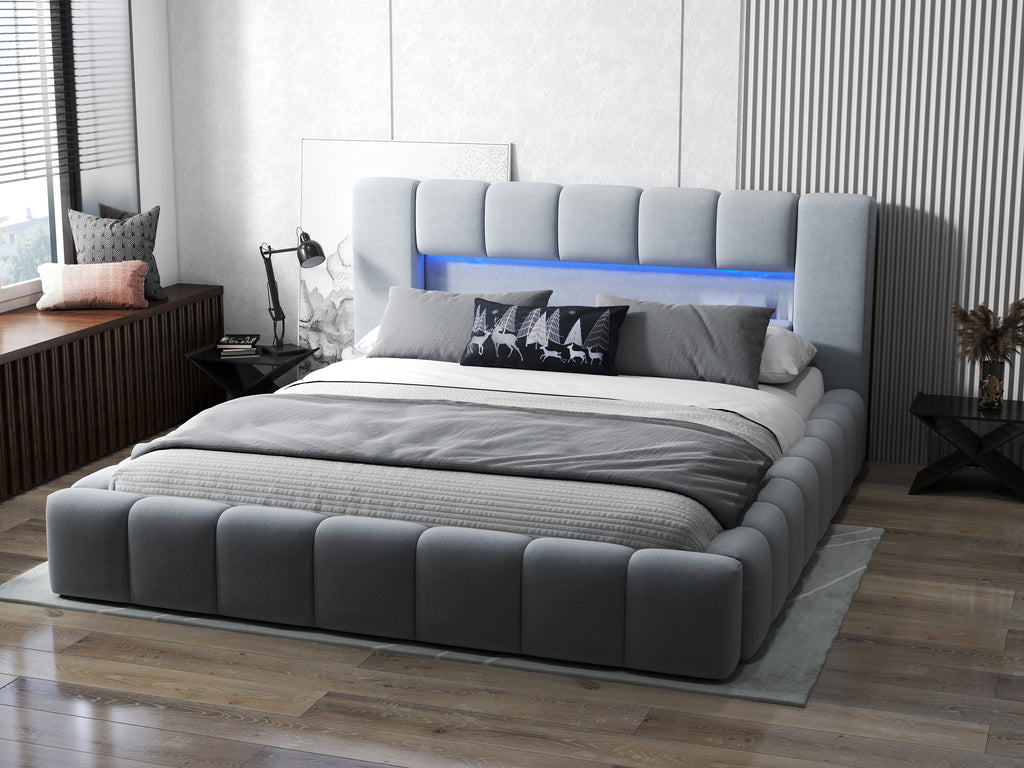 Pat dormitor dumonde, tapitat gri cu LED si USB, Palermo 160x200 cm, somiera rabatabila inclusa, spatiu depozitare