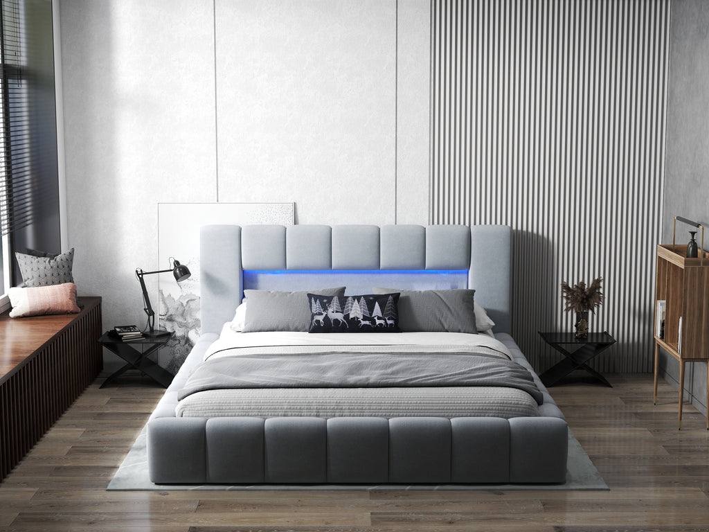 Pat dormitor dumonde, tapitat gri cu LED si USB, Palermo 180x200 cm, somiera rabatabila inclusa, spatiu depozitare