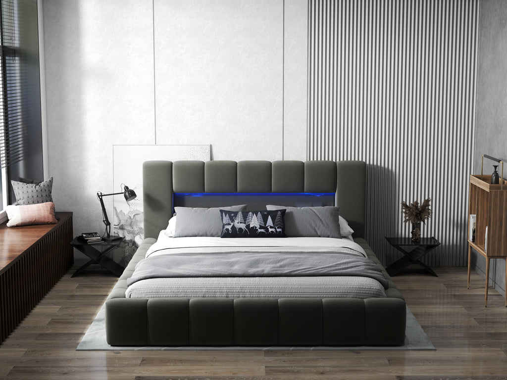 Pat dormitor dumonde, tapitat gri cu LED si USB, Palermo 160x200 cm, somiera rabatabila inclusa, spatiu depozitare