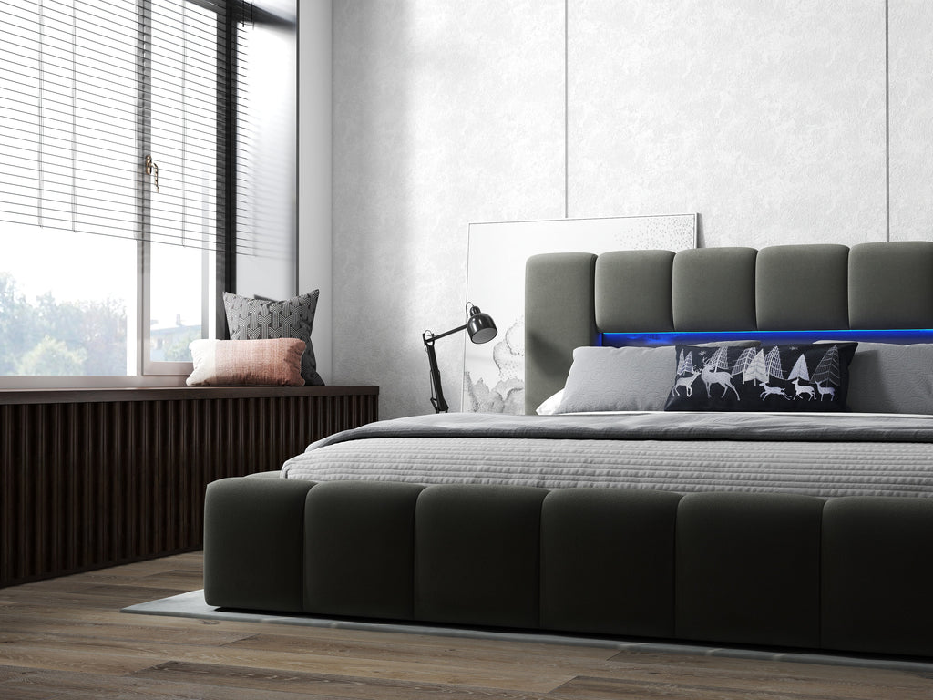 Pat dormitor dumonde, tapitat gri cu LED si USB, Palermo 160x200 cm, somiera rabatabila inclusa, spatiu depozitare