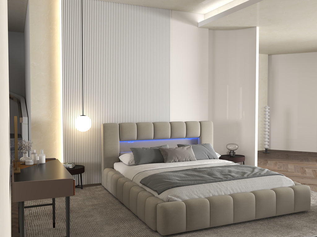 Pat dormitor dumonde, tapitat bej cu LED si USB, Palermo 180x200 cm, somiera rabatabila inclusa, spatiu depozitare