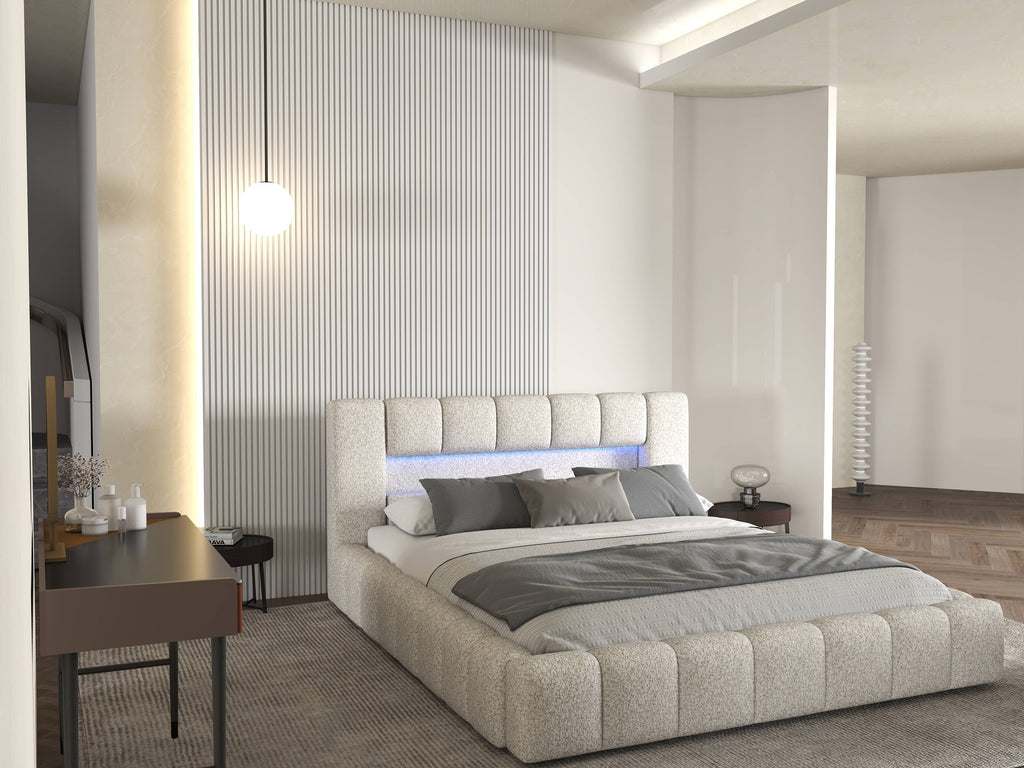 Pat dormitor dumonde, tapitat alb cu LED si USB, Palermo 180x200 cm, somiera rabatabila inclusa, spatiu depozitare