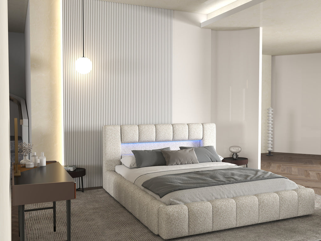 Pat dormitor dumonde, tapitat gri cu LED si USB, Palermo 160x200 cm, somiera rabatabila inclusa, spatiu depozitare
