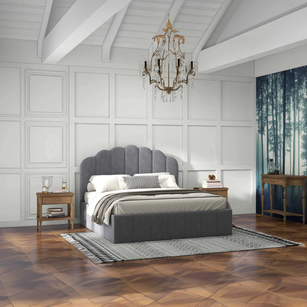 Pat dormitor dumonde, tapitat gri, Amira 180x200 cm, somiera rabatabila inclusa, spatiu depozitare