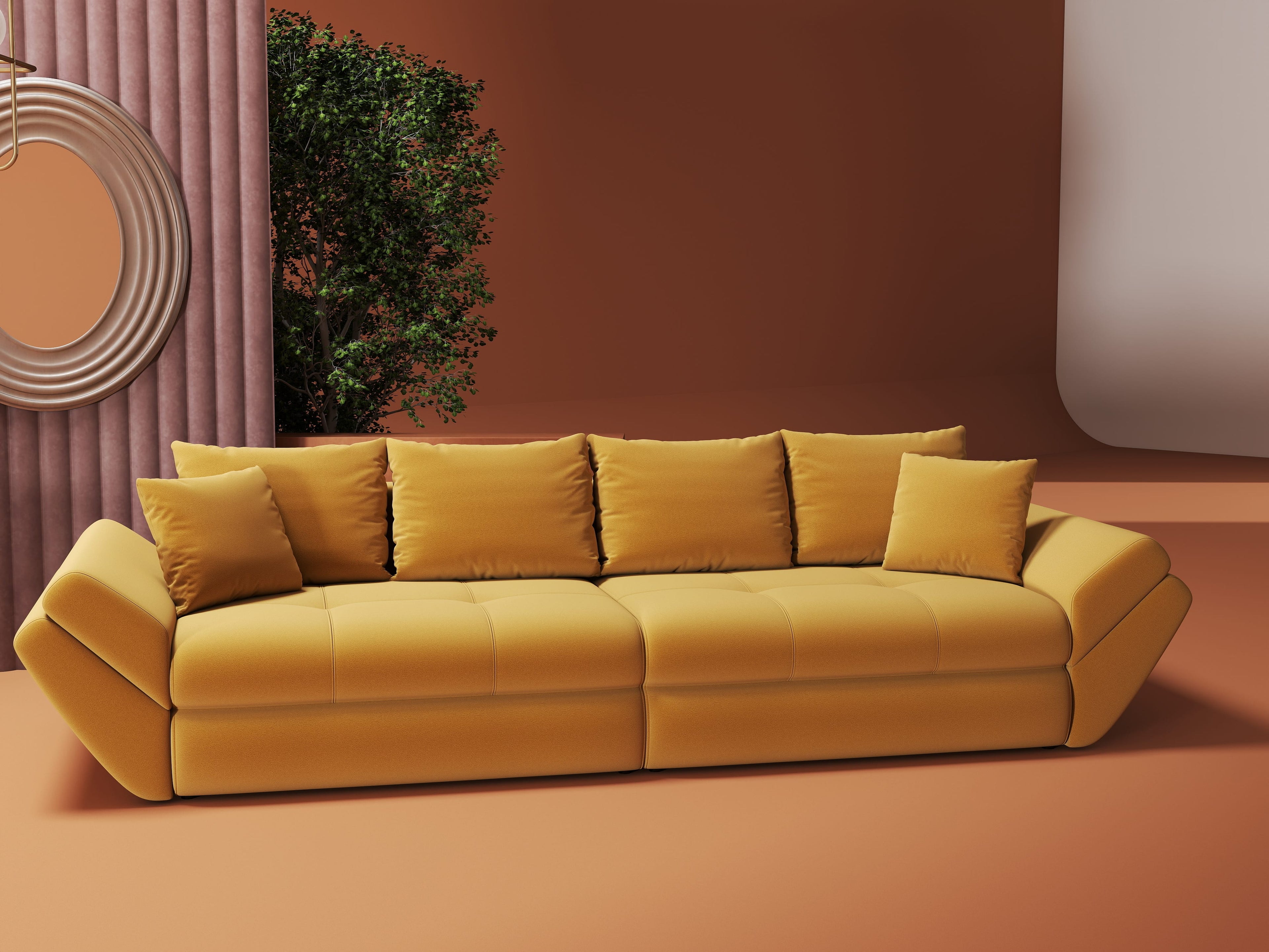 Canapea extensibilă dumonde cu ladă de depozitare si sezut confortabil din spuma high-density, Loana Royal Mustar 300x100 cm