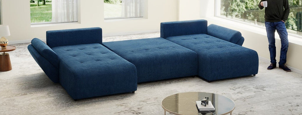 Colțar extensibil dumonde cu ladă de depozitare si sezut confortabil din spuma high-density, Berlin U Zoom Blue 380x180 cm
