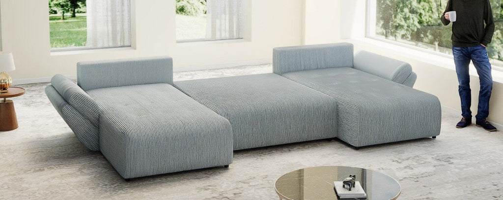 Colțar extensibil dumonde cu ladă de depozitare si sezut confortabil din spuma high-density, Berlin U Zoom GREY 380x180 cm