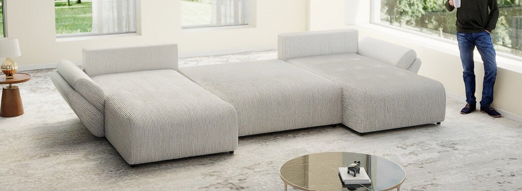 Colțar extensibil dumonde cu ladă de depozitare si sezut confortabil din spuma high-density, Berlin U Zoom Grey 380x180 cm