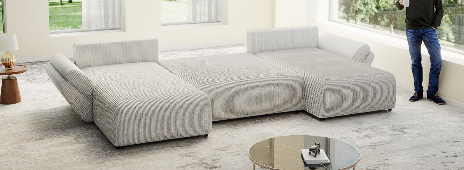 Colțar extensibil dumonde cu ladă de depozitare si sezut confortabil din spuma high-density, Berlin U Zoom Grey 380x180 cm