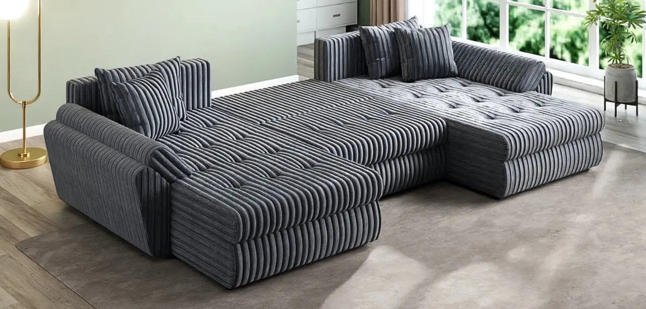 Colțar extensibil dumonde cu ladă de depozitare si sezut confortabil din spuma high-density, Loana U Ambience Grey 355x185 cm