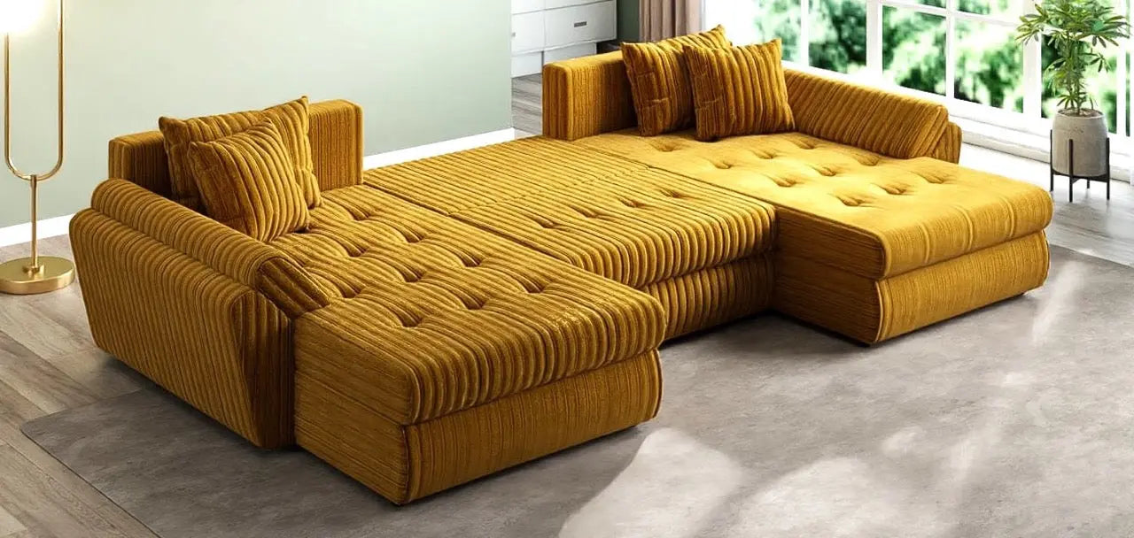 Colțar extensibil dumonde cu ladă de depozitare si sezut confortabil din spuma high-density, Loana U Ambience Mustar 355x185 cm