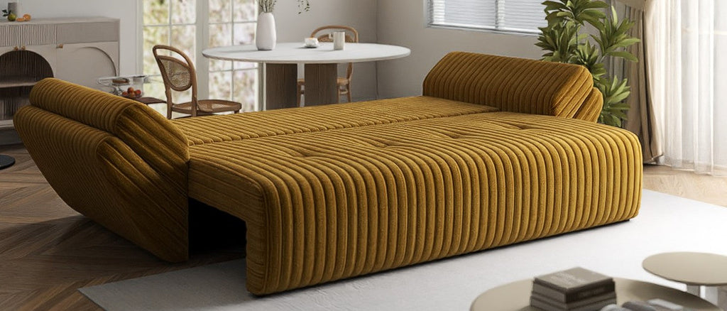 Canapea extensibilă dumonde cu ladă de depozitare si sezut confortabil din spuma high-density, Berlin Ambience Mustar 250x100 cm