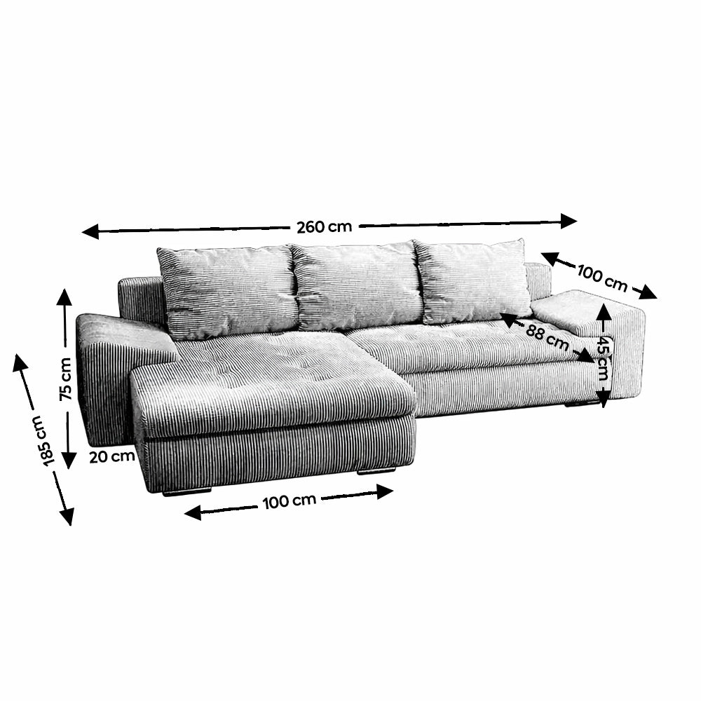 Colțar extensibil dumonde cu ladă de depozitare si sezut confortabil din spuma high-density, Leonardo Ambience Ivory 260x185 cm