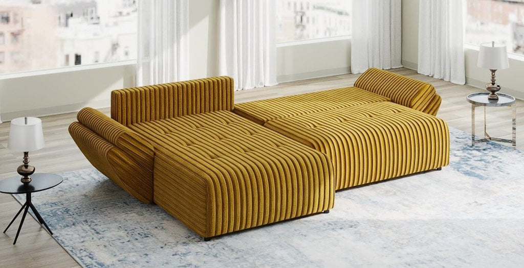 Colțar extensibil dumonde cu ladă de depozitare si sezut confortabil din spuma high-density, Berlin Ambience Mustar 280x185 cm II