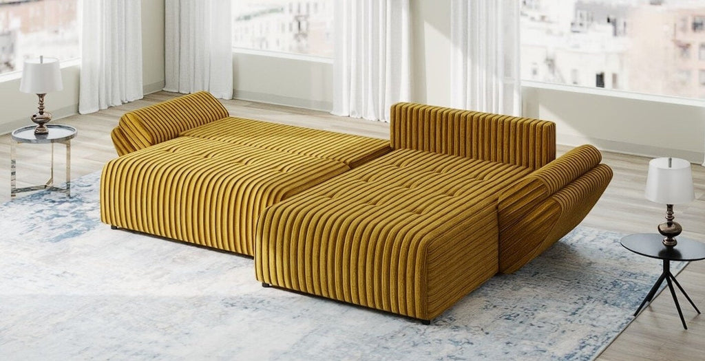 Colțar extensibil dumonde cu ladă de depozitare si sezut confortabil din spuma high-density, Berlin Ambience Mustar 280x185 cm