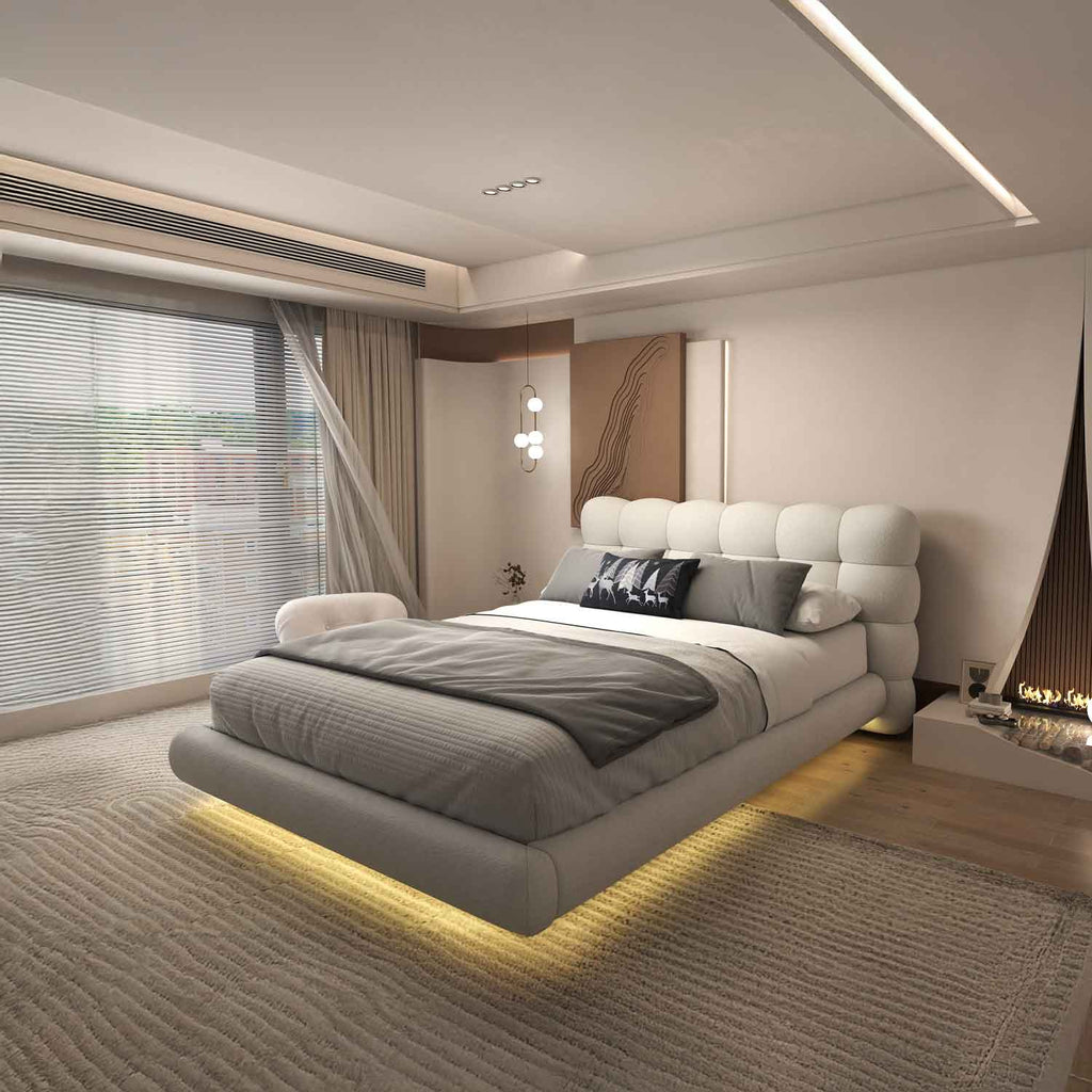 Pat dormitor dumonde, tapitat alb cu LED, "floating bed" Cloud 160x200 cm, somiera inclusa