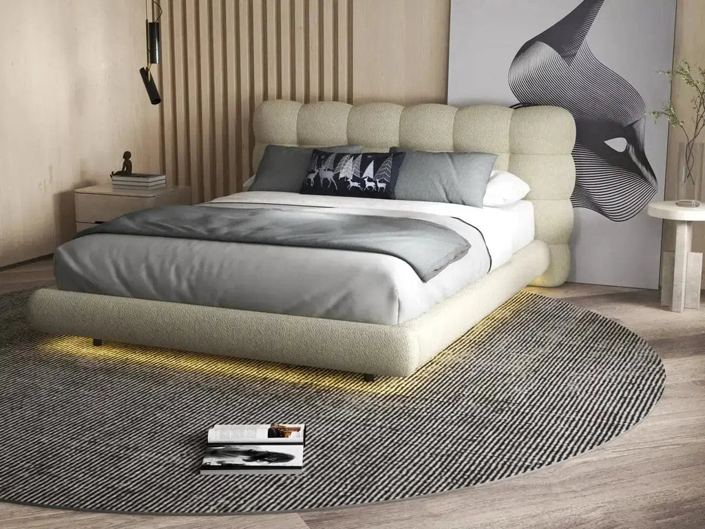 Pat dormitor dumonde, tapitat bej cu LED, "floating bed" Cloud 180x200 cm, somiera inclusa