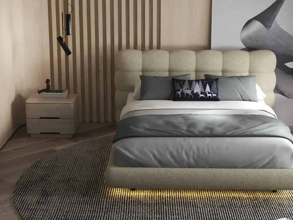 Pat dormitor dumonde, tapitat bej cu LED, "floating bed" Cloud 180x200 cm, somiera inclusa