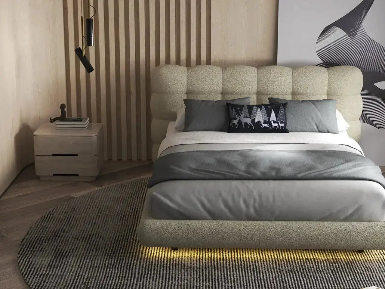 Pat dormitor dumonde, tapitat bej cu LED, "floating bed" Cloud 180x200 cm, somiera inclusa