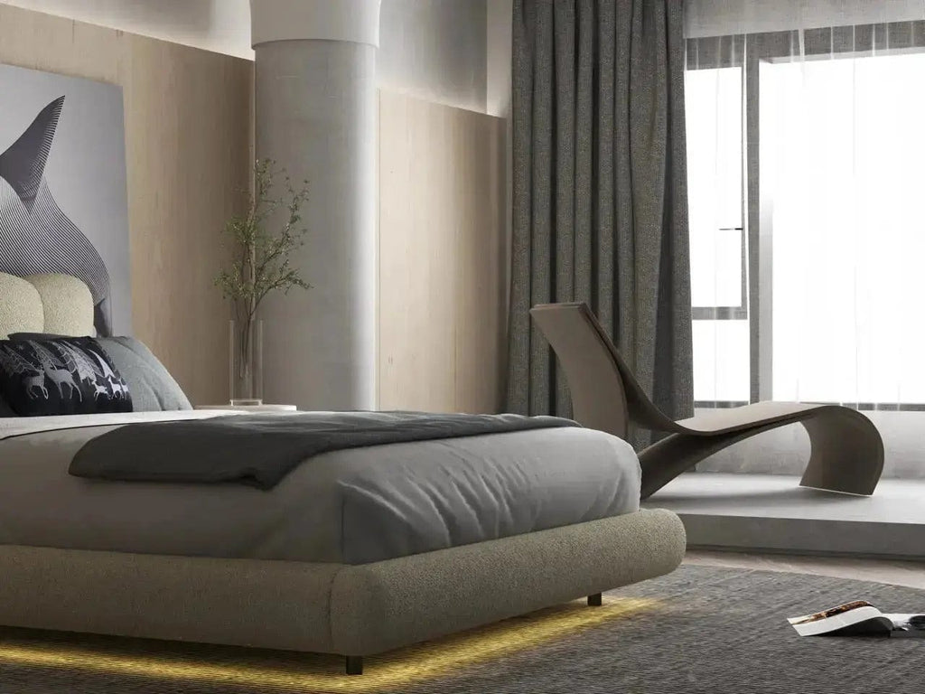 Pat dormitor dumonde, tapitat bej cu LED, "floating bed" Cloud 180x200 cm, somiera inclusa