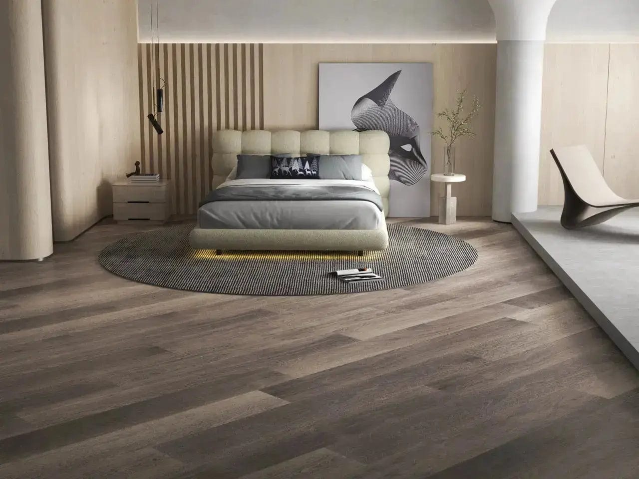 Pat dormitor dumonde, tapitat bej cu LED, "floating bed" Cloud 180x200 cm, somiera inclusa