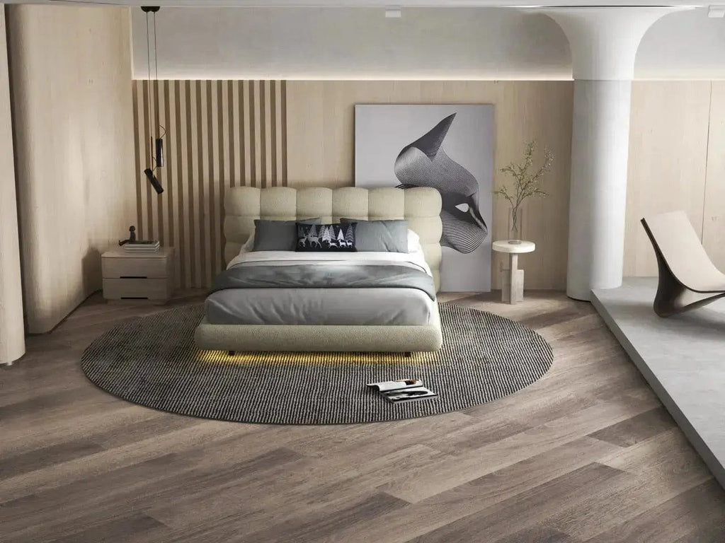 Pat dormitor dumonde, tapitat bej cu LED, "floating bed" Cloud 180x200 cm, somiera inclusa