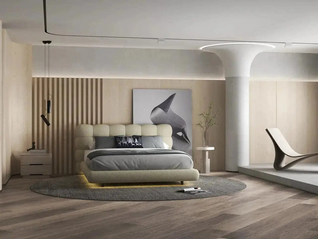 Pat dormitor dumonde, tapitat bej cu LED, "floating bed" Cloud 140x200 cm, somiera inclusa