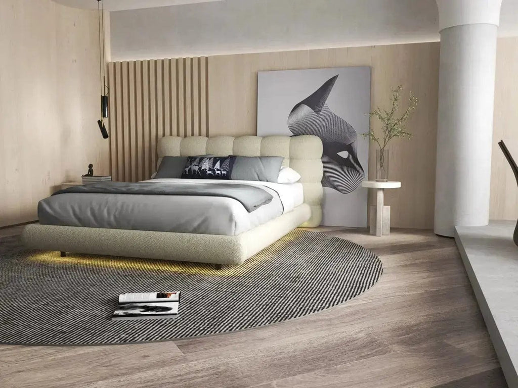 Pat dormitor dumonde, tapitat bej cu LED, "floating bed" Cloud 180x200 cm, somiera inclusa