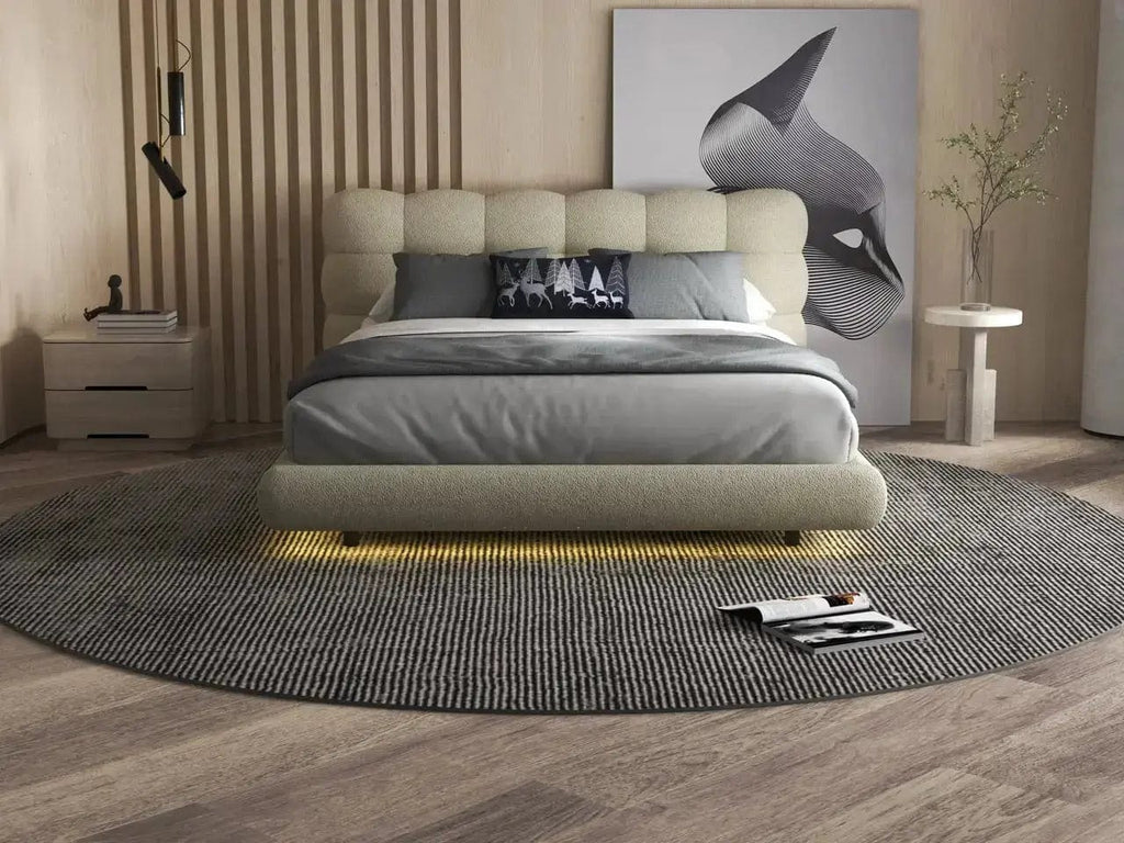 Pat dormitor dumonde, tapitat bej cu LED, "floating bed" Cloud 180x200 cm, somiera inclusa