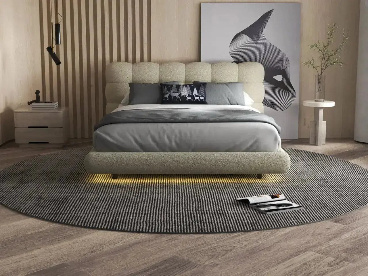 Pat dormitor dumonde, tapitat bej cu LED, "floating bed" Cloud 180x200 cm, somiera inclusa