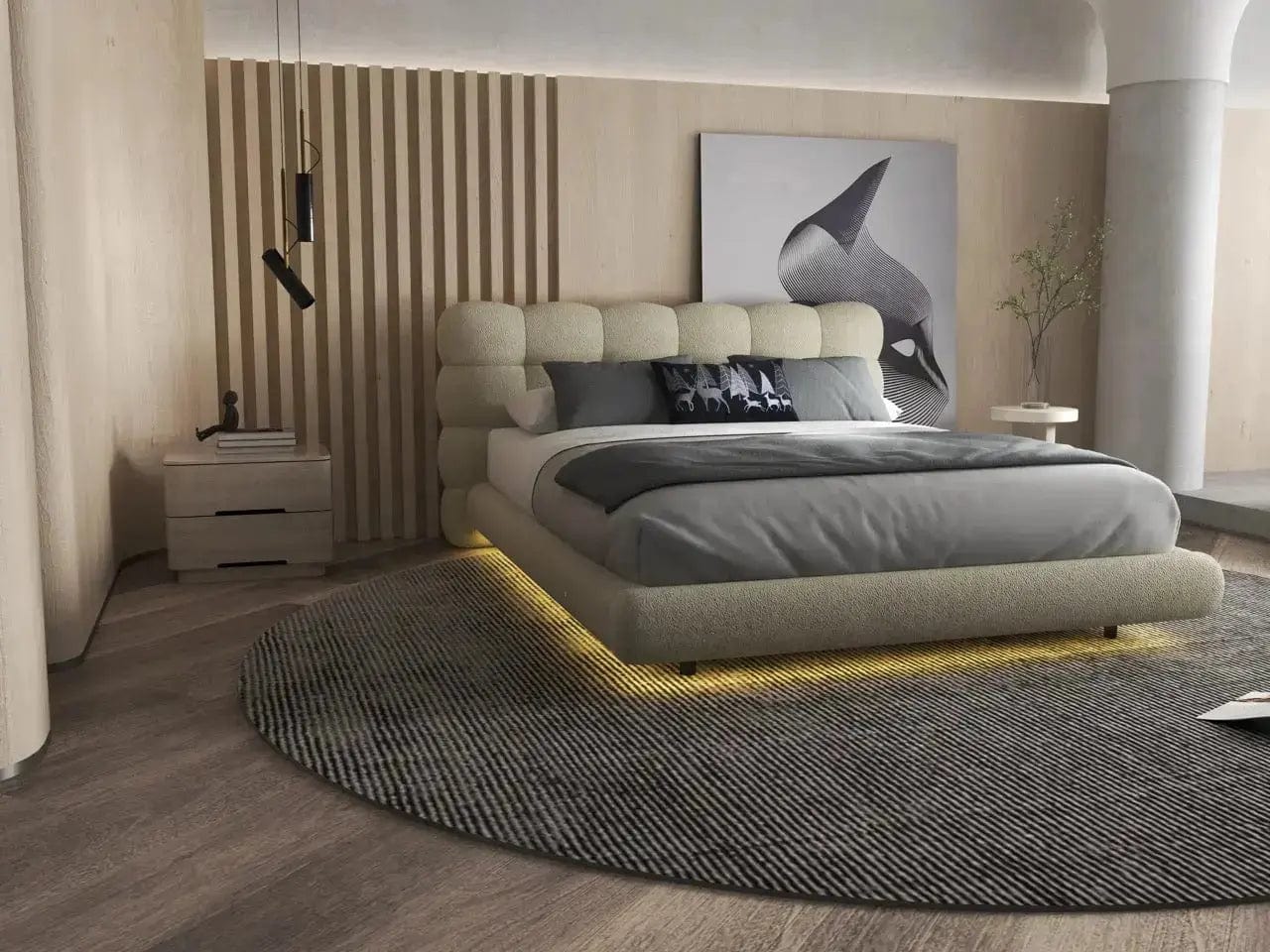 Pat dormitor dumonde, tapitat bej cu LED, "floating bed" Cloud 180x200 cm, somiera inclusa