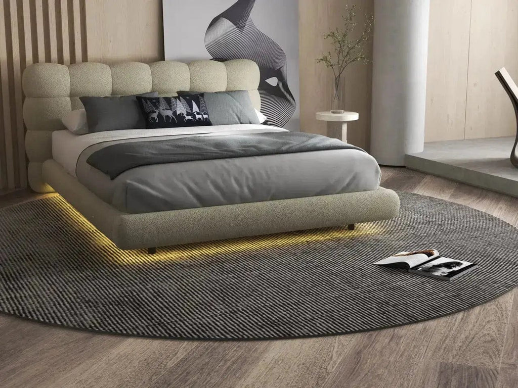 Pat dormitor dumonde, tapitat bej cu LED, "floating bed" Cloud 180x200 cm, somiera inclusa