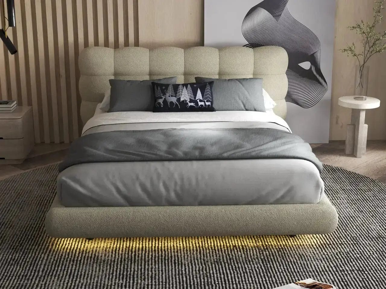 Pat dormitor dumonde, tapitat bej cu LED, "floating bed" Cloud 180x200 cm, somiera inclusa