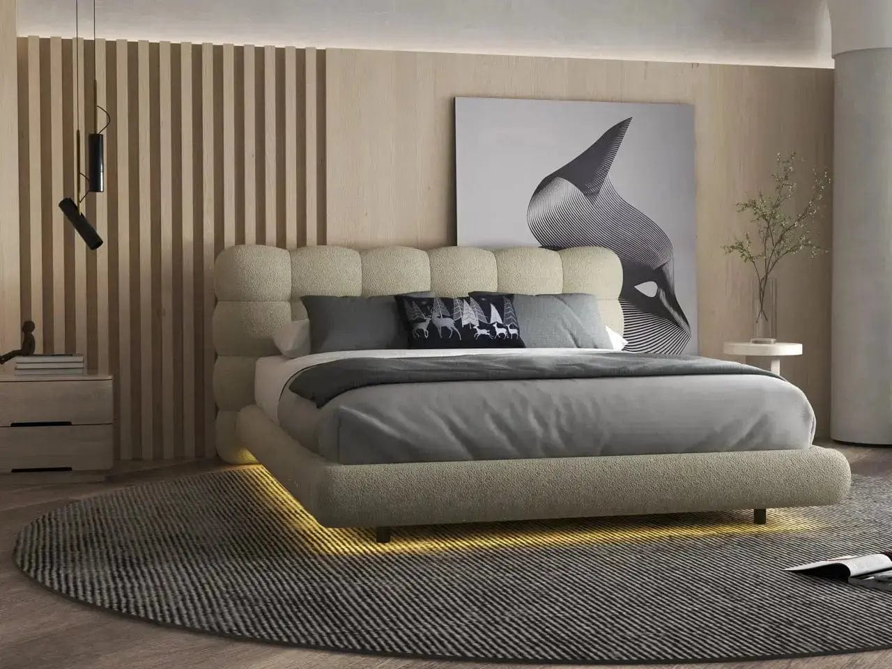Pat dormitor dumonde, tapitat bej cu LED, "floating bed" Cloud 180x200 cm, somiera inclusa