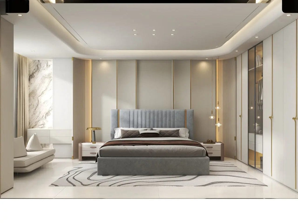 Pat dormitor dumonde, tapitat gri, Lukas 160x200 cm, somiera rabatabila inclusa, spatiu depozitare
