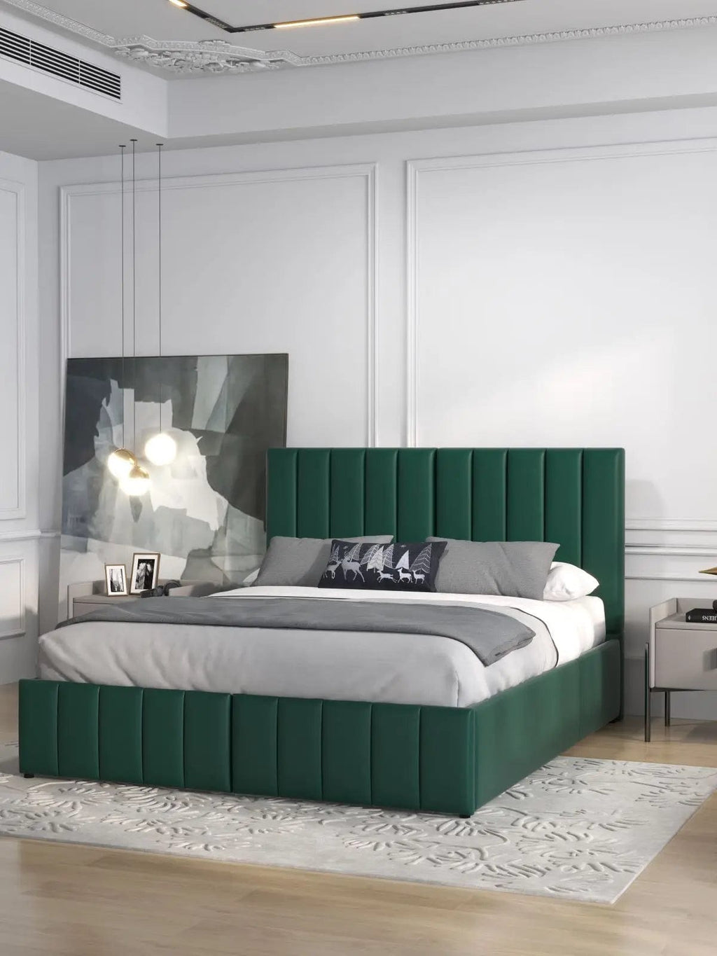 Pat dormitor dumonde, tapitat verde, Santiago 160x200 cm, somiera rabatabila inclusa, spatiu depozitare