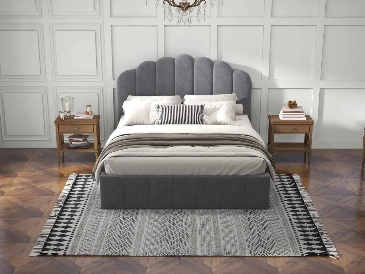 Pat dormitor dumonde, tapitat gri, Amira 180x200 cm, somiera rabatabila inclusa, spatiu depozitare
