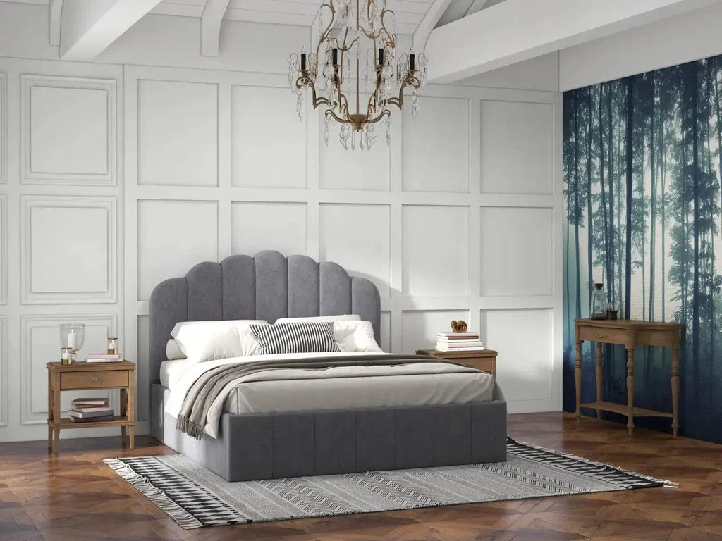 Pat dormitor dumonde, tapitat gri, Amira 180x200 cm, somiera rabatabila inclusa, spatiu depozitare