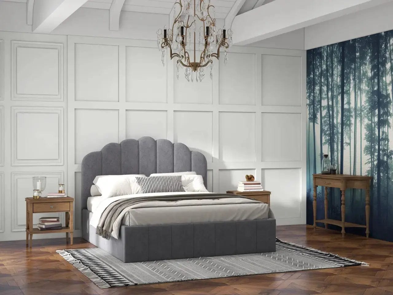 Pat dormitor dumonde, tapitat gri, Amira 180x200 cm, somiera rabatabila inclusa, spatiu depozitare