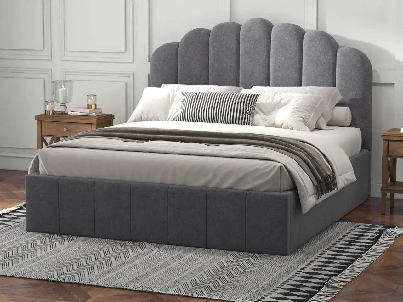 Pat dormitor dumonde, tapitat gri, Amira 180x200 cm, somiera rabatabila inclusa, spatiu depozitare