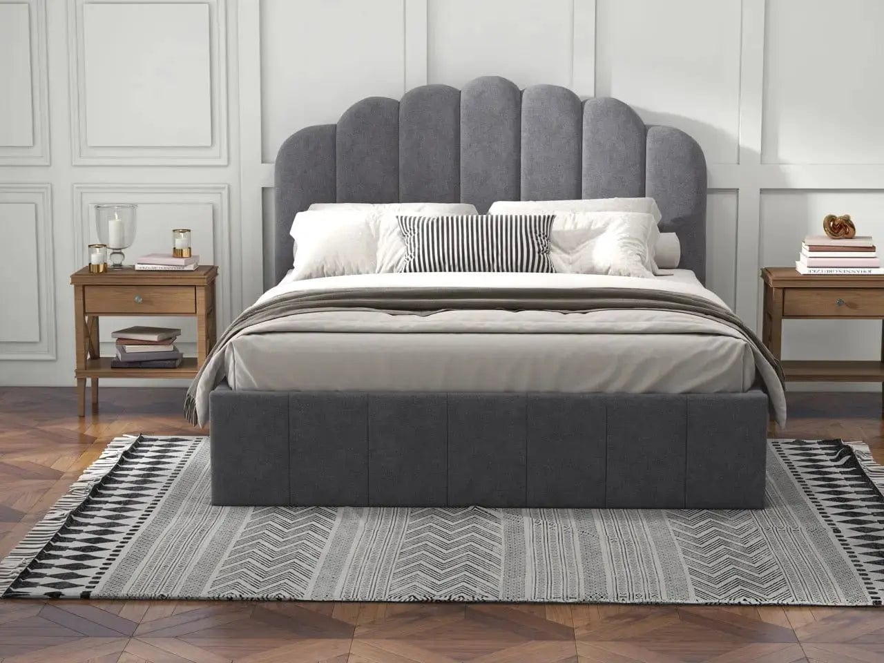 Pat dormitor dumonde, tapitat gri, Amira 180x200 cm, somiera rabatabila inclusa, spatiu depozitare