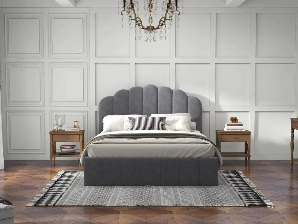 Pat dormitor dumonde, tapitat gri, Amira 180x200 cm, somiera rabatabila inclusa, spatiu depozitare