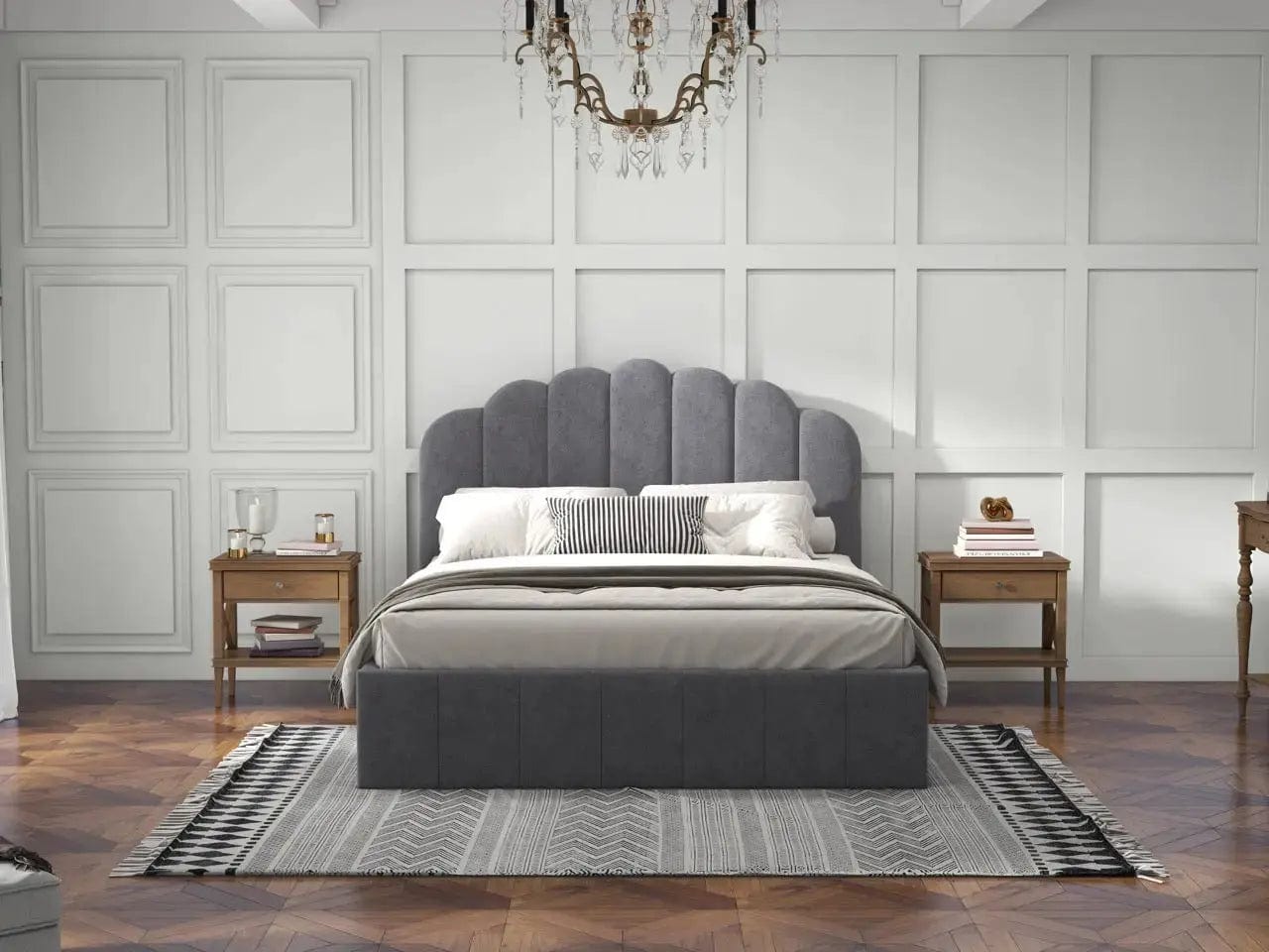 Pat dormitor dumonde, tapitat gri, Amira 180x200 cm, somiera rabatabila inclusa, spatiu depozitare