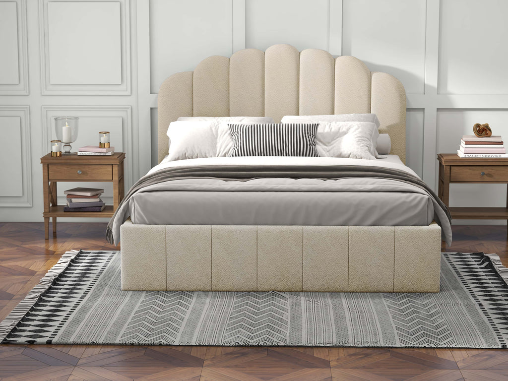 Pat dormitor dumonde, tapitat bej, Amira 160x200 cm, somiera rabatabila inclusa, spatiu depozitare