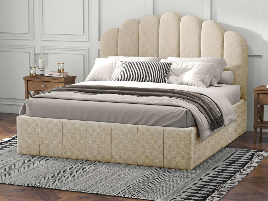 Pat dormitor dumonde, tapitat bej, Amira 140x200 cm, somiera rabatabila inclusa, spatiu depozitare
